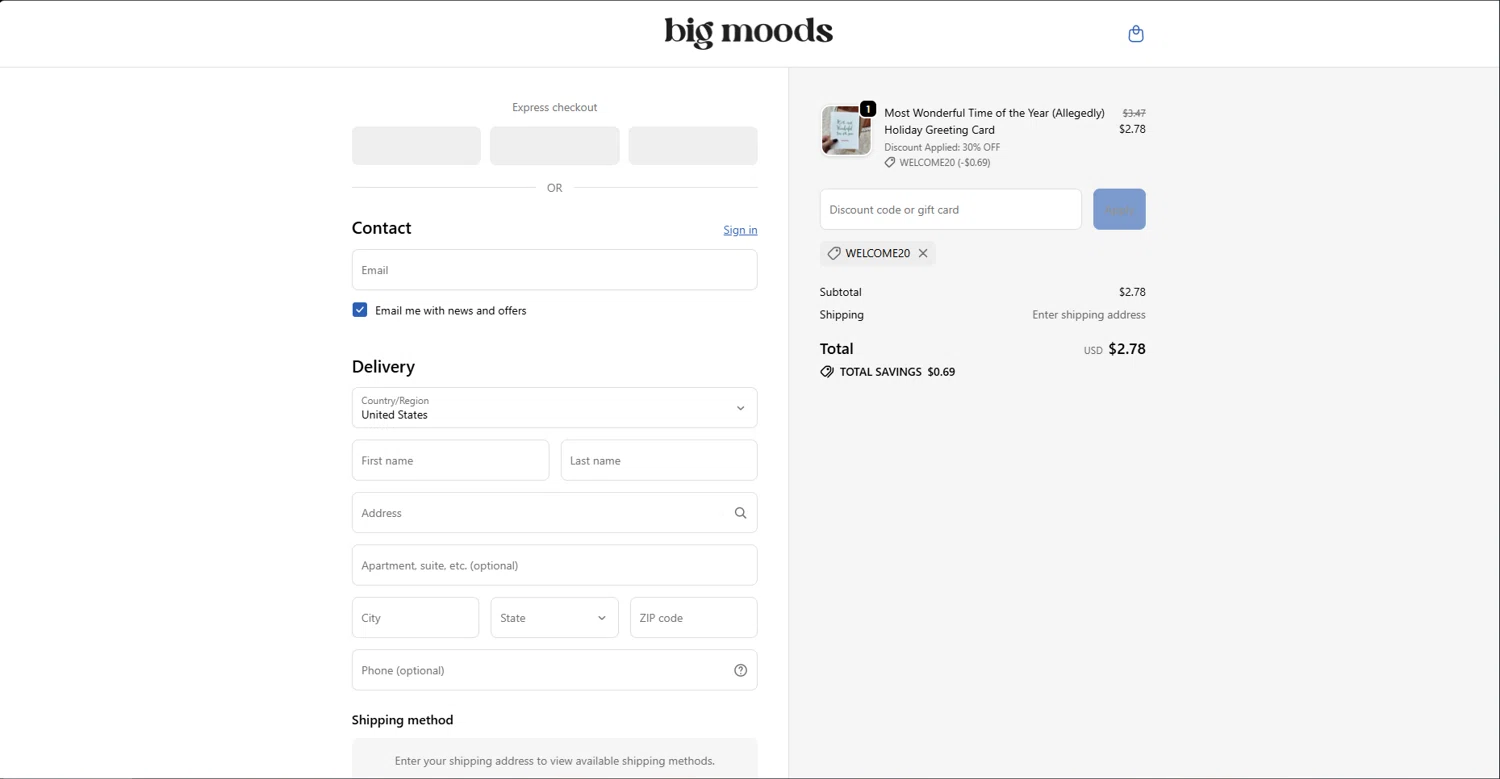 Big Moods discount code screenshot showing code welcome20 applied at Big Moods checkout page. Uploaded by SimplyCodes community member Underaiki on Nov 30, 2025