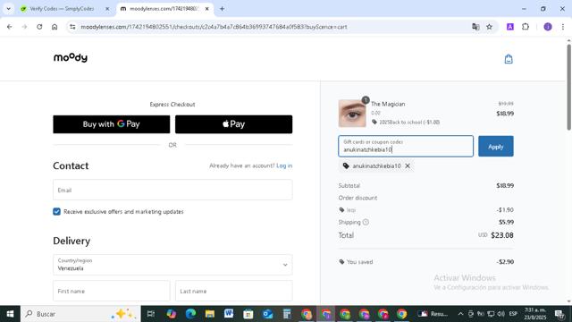 moodylenses checkout page showing moodylenses promo code box | Screenshot taken by SimplyCodes community member on Aug 23, 2025