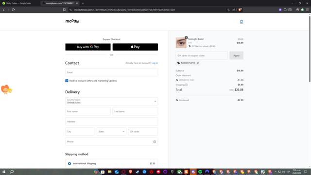 moodylenses checkout page showing moodylenses promo code box | Screenshot taken by SimplyCodes community member on Aug 29, 2025