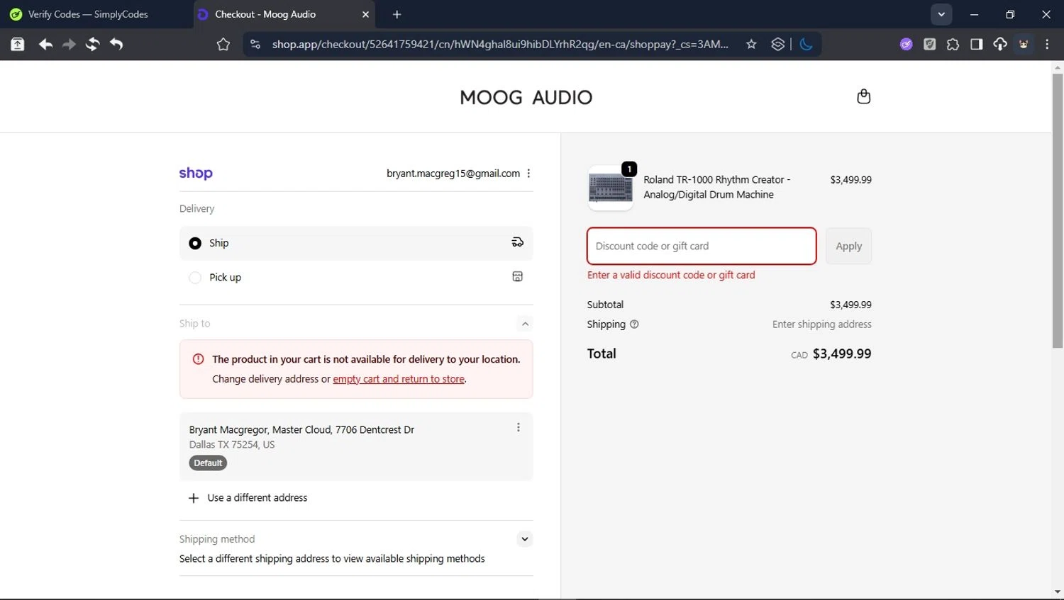 Moog Audio discount code screenshot showing code WELCOME10 applied at Moog Audio checkout page. Uploaded by SimplyCodes community member BrilliantTitan6909 on Oct 29, 2025