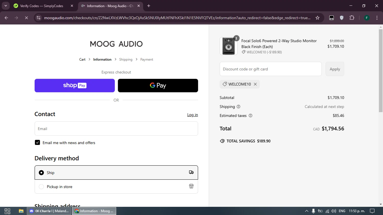 Moog Audio discount code screenshot showing code WELCOME10 applied at Moog Audio checkout page. Uploaded by SimplyCodes community member Juanse on Mar 6, 2025