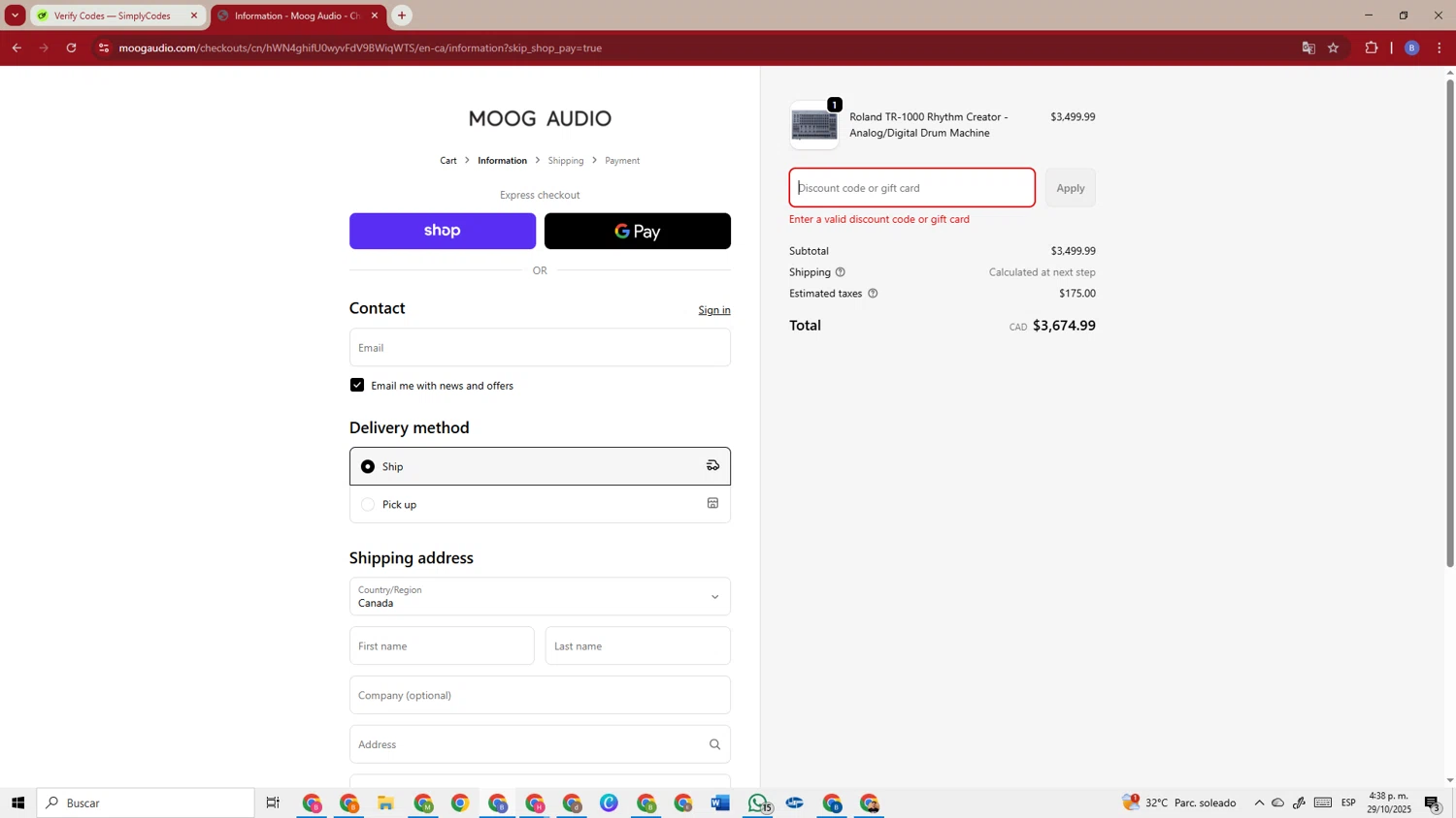 Moog Audio discount code screenshot showing code WELCOME10 applied at Moog Audio checkout page. Uploaded by SimplyCodes community member TokenSentinel5304 on Oct 29, 2025