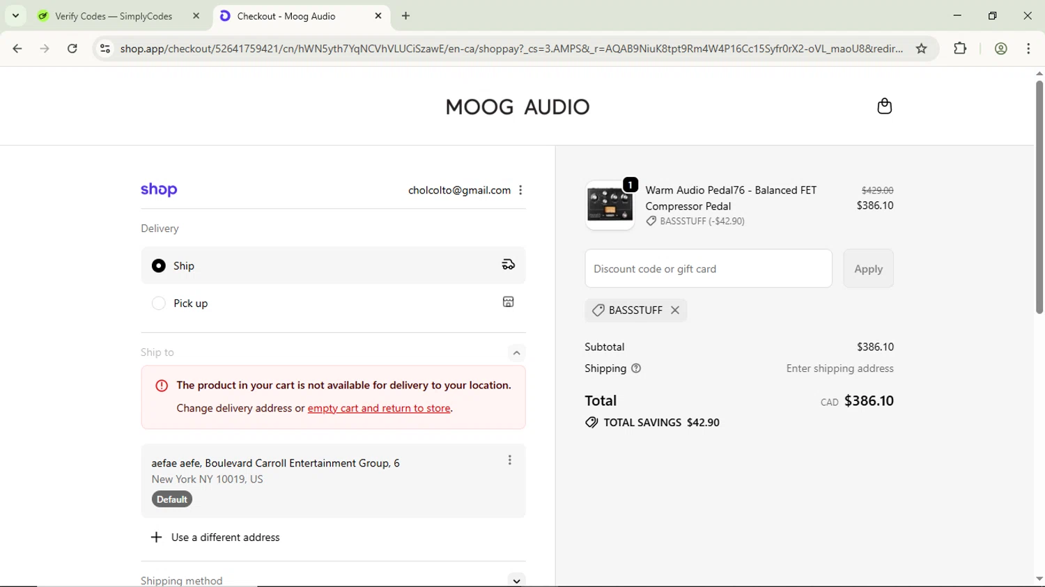 Moog Audio discount code screenshot showing code BASSSTUFF applied at Moog Audio checkout page. Uploaded by SimplyCodes community member ScanPhoenix3549 on Dec 2, 2025