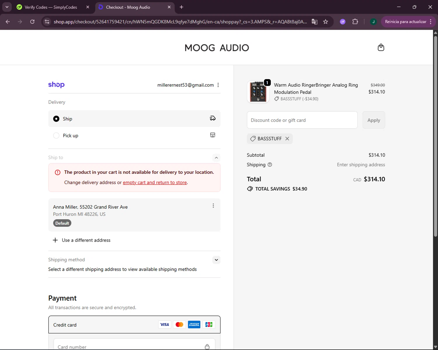 Moog Audio discount code screenshot showing code BASSSTUFF applied at Moog Audio checkout page. Uploaded by SimplyCodes community member VictoriousOwl2774 on Nov 27, 2025