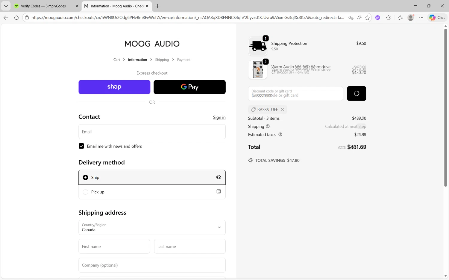 Moog Audio checkout page showing Moog Audio discount code box | Screenshot taken by SimplyCodes community member on Feb 7, 2026