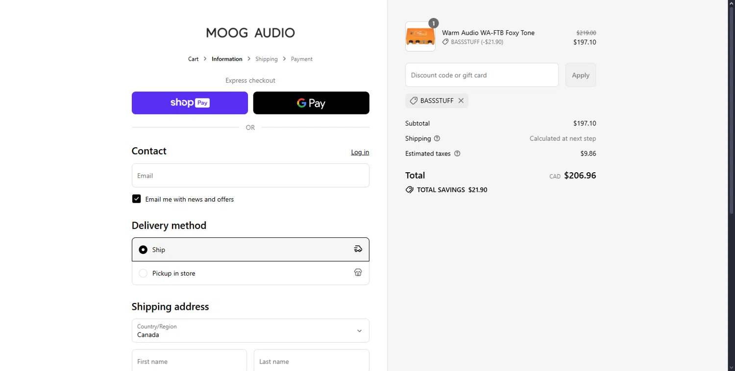 Moog Audio discount code screenshot showing code BASSSTUFF applied at Moog Audio checkout page. Uploaded by SimplyCodes community member Serdanvz on Jul 2, 2025