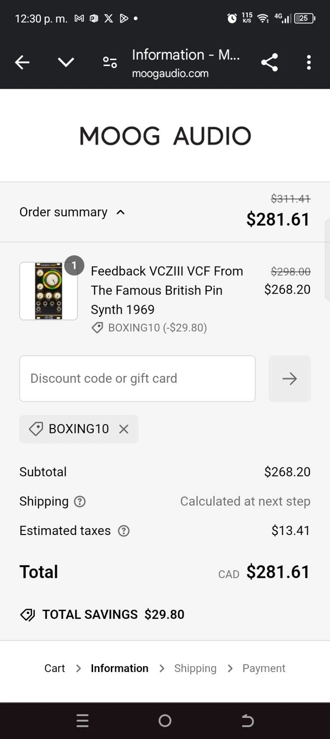 Moog Audio discount code screenshot showing code Boxing10 applied at Moog Audio checkout page. Uploaded by SimplyCodes community member kellymoreno on Dec 26, 2024
