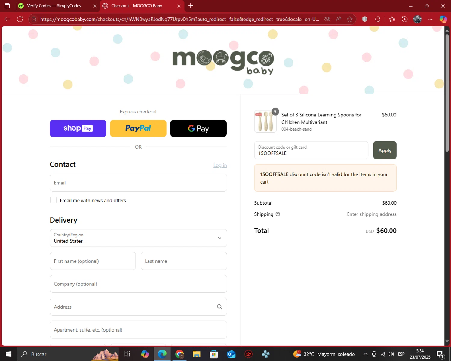 Moogco Baby promo code screenshot showing code 15OOFFSALE applied at Moogco Baby checkout page. Uploaded by SimplyCodes community member GoldSaver5472 on Jul 23, 2025