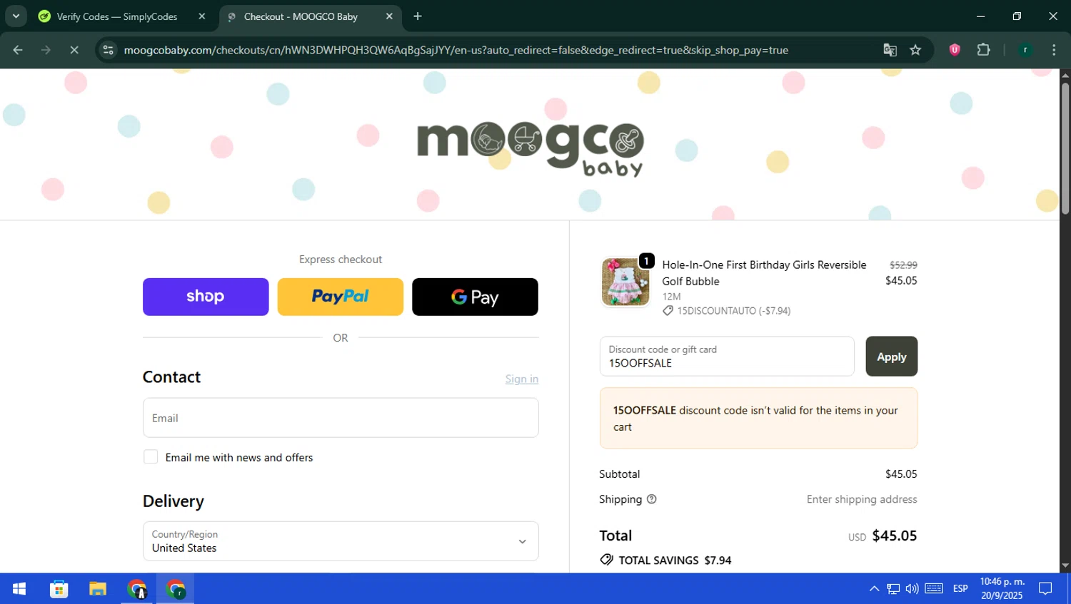 Moogco Baby promo code screenshot showing code 15OOFFSALE applied at Moogco Baby checkout page. Uploaded by SimplyCodes community member rodri1 on Sep 21, 2025