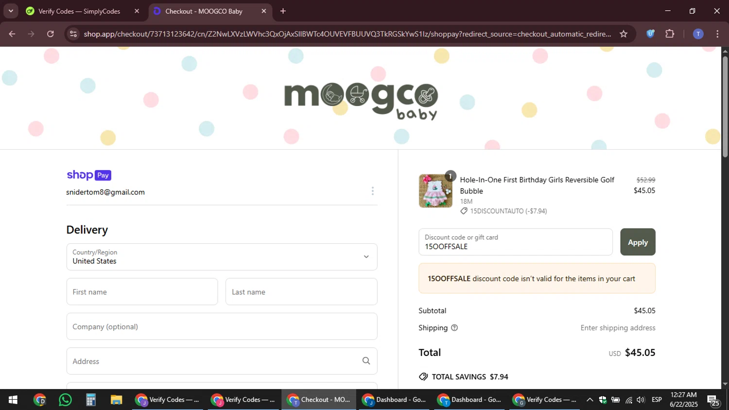 Moogco Baby promo code screenshot showing code 15OOFFSALE applied at Moogco Baby checkout page. Uploaded by SimplyCodes community member snidertom8 on Jun 22, 2025
