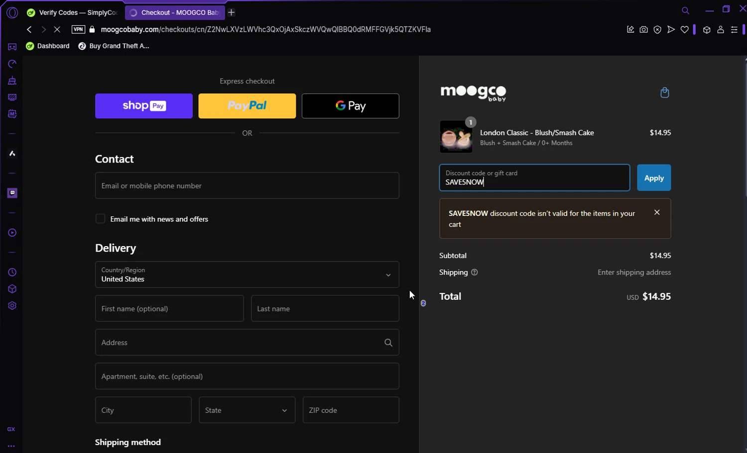 Moogco Baby promo code screenshot showing code SAVE5NOW applied at Moogco Baby checkout page. Uploaded by SimplyCodes community member Darka007 on Dec 27, 2024
