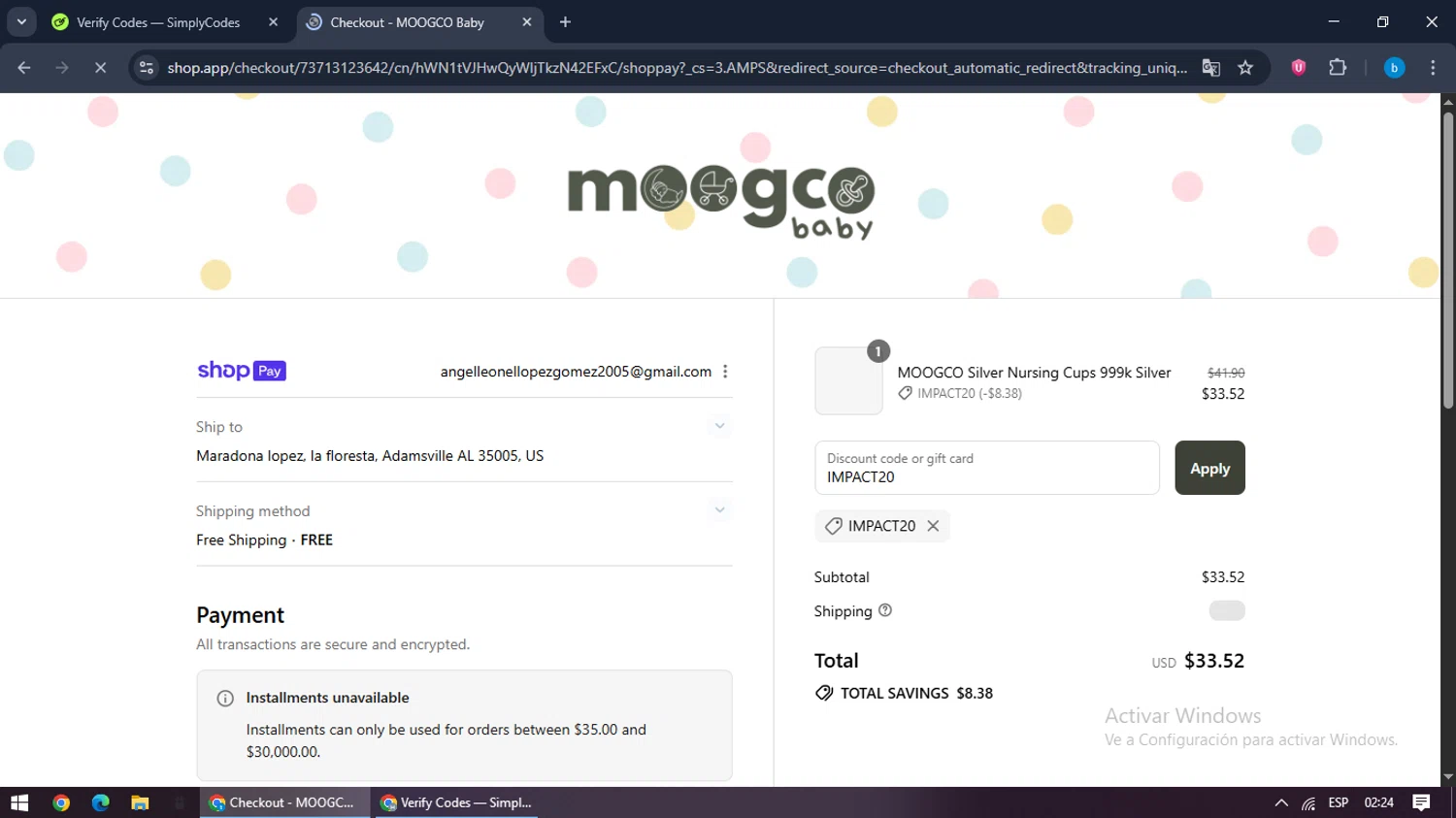 Moogco Baby promo code screenshot showing code IMPACT20 applied at Moogco Baby checkout page. Uploaded by SimplyCodes community member bilijr on Aug 17, 2025