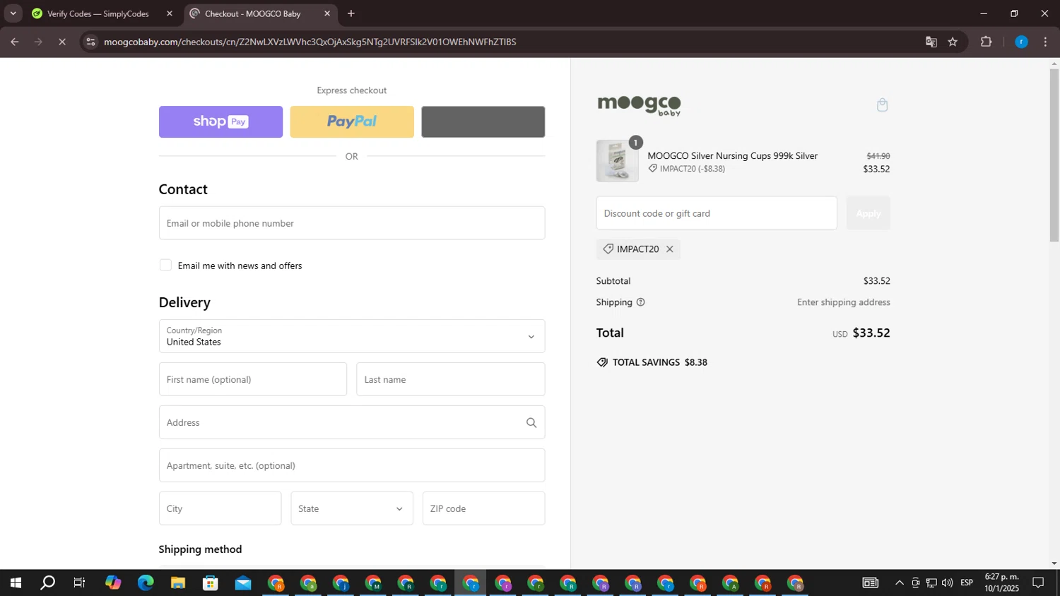 Moogco Baby promo code screenshot showing code IMPACT20 applied at Moogco Baby checkout page. Uploaded by SimplyCodes community member RewardVoyager146 on Jan 10, 2025