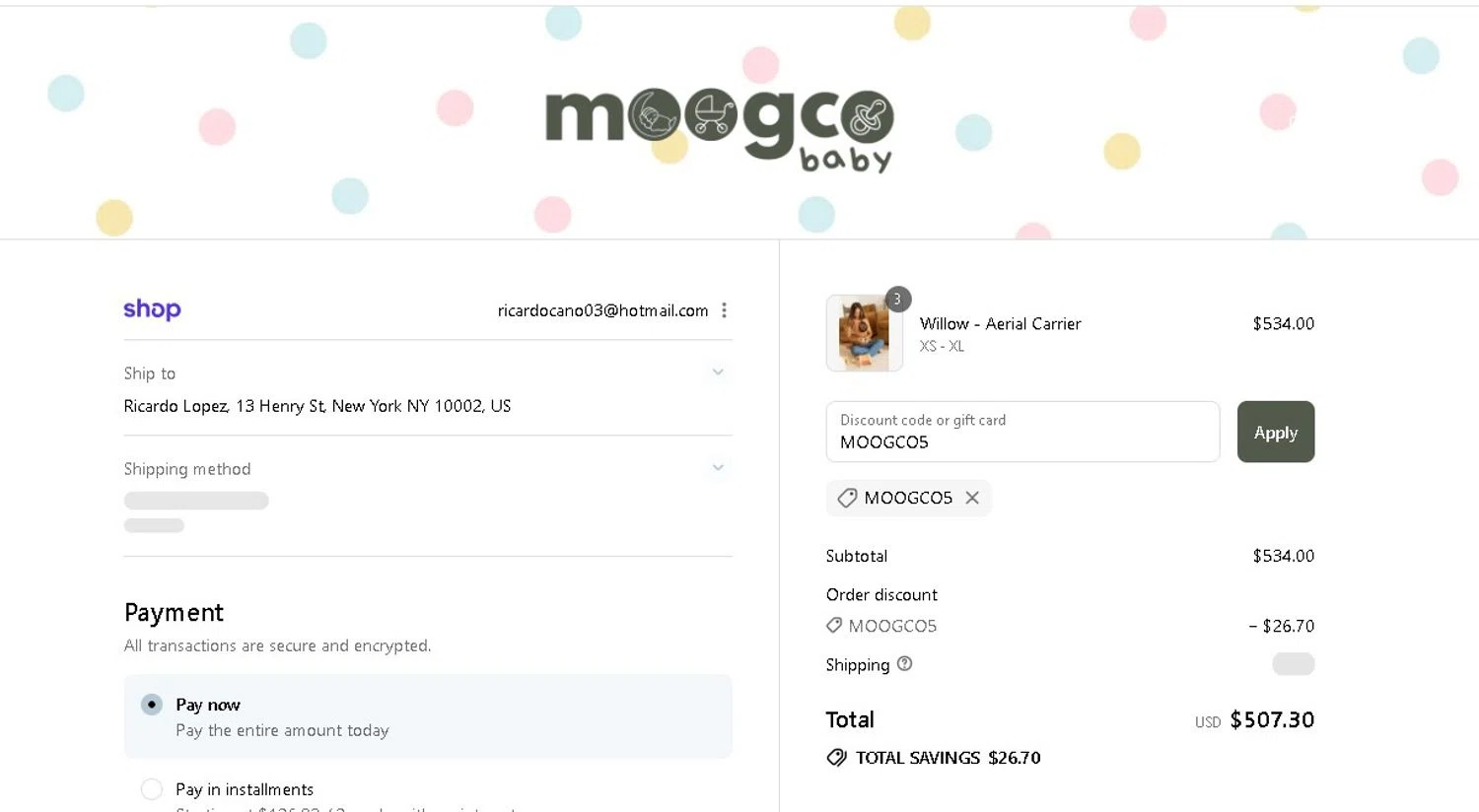 Moogco Baby promo code screenshot showing code MOOGCO5 applied at Moogco Baby checkout page. Uploaded by SimplyCodes community member SansaStark on Sep 8, 2025
