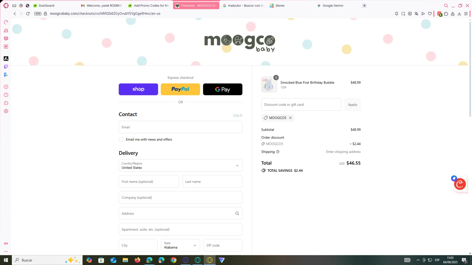 Moogco Baby promo code screenshot showing code MOOGCO5 applied at Moogco Baby checkout page. Uploaded by SimplyCodes community member JEUGENIO on Sep 4, 2025