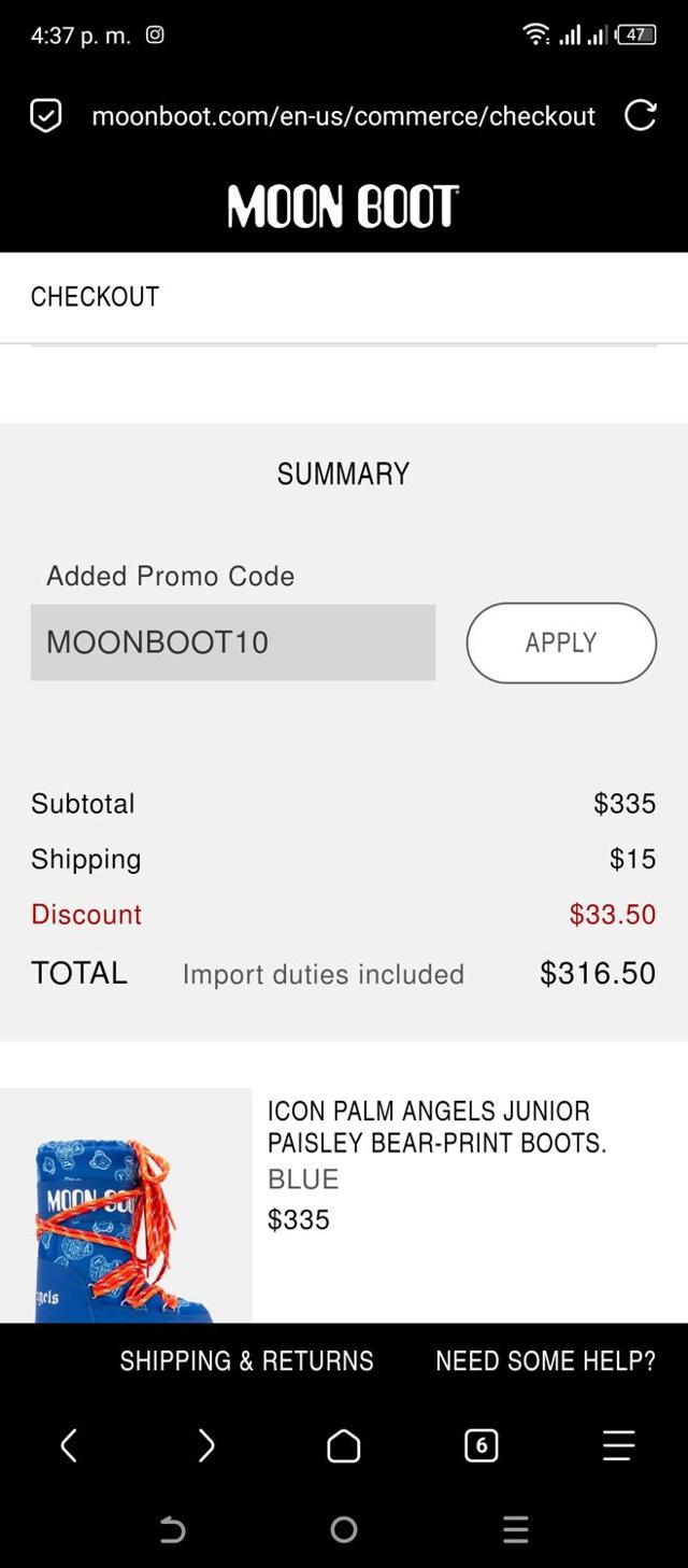 Moon Boot checkout page showing Moon Boot promo code box | Screenshot taken by SimplyCodes community member on Nov 7, 2023