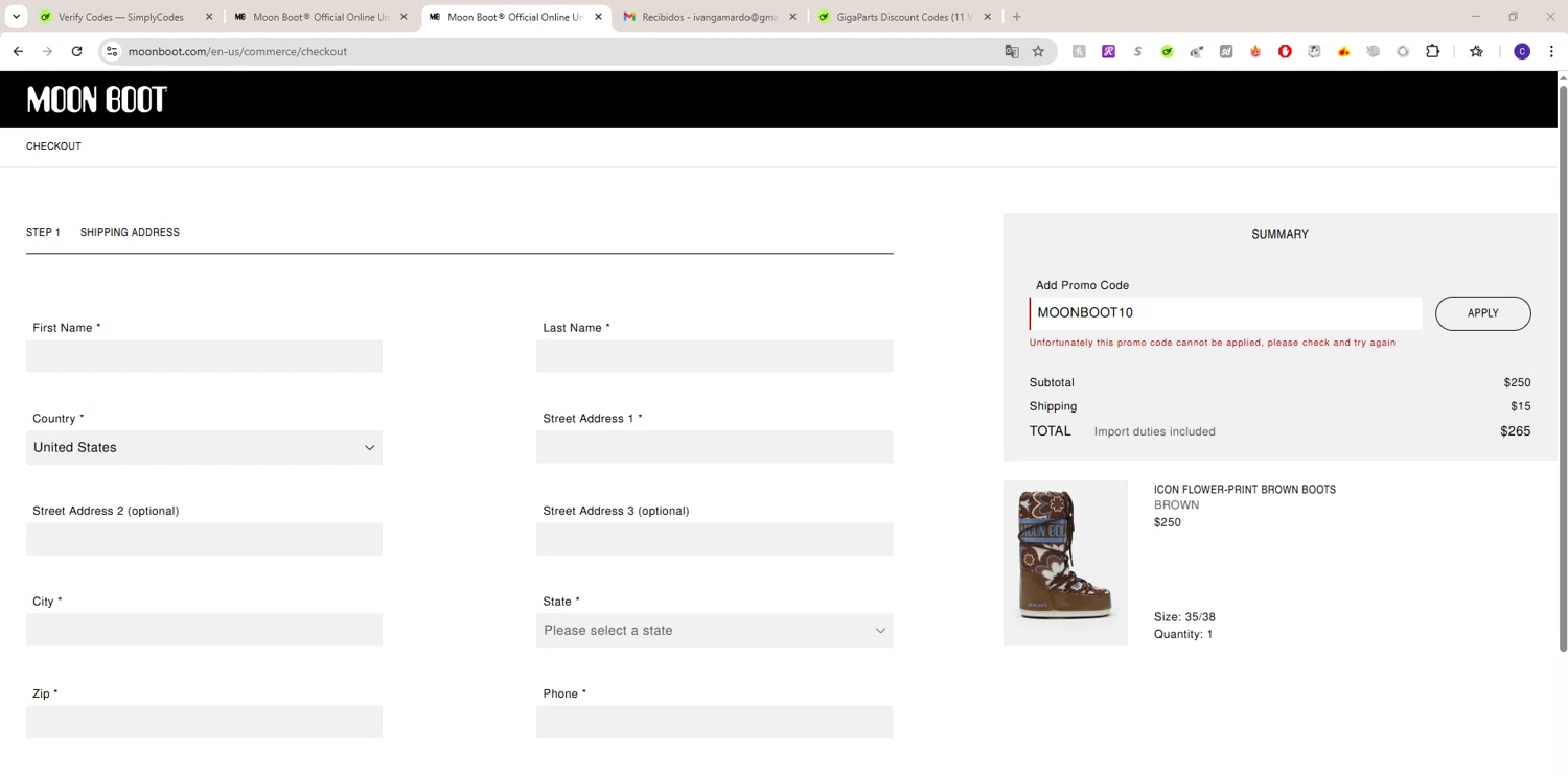 Moon Boot promo code screenshot showing code MOONBOOT10 applied at Moon Boot checkout page. Uploaded by SimplyCodes community member LAGUGU on Mar 9, 2025