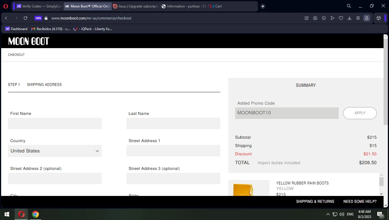 Moon Boot checkout page showing Moon Boot promo code box | Screenshot taken by SimplyCodes community member on Aug 2, 2023