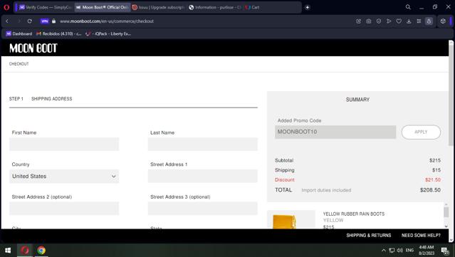 Moon Boot checkout page showing Moon Boot promo code box | Screenshot taken by SimplyCodes community member on Aug 2, 2023