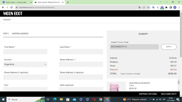 Moon Boot checkout page showing Moon Boot promo code box | Screenshot taken by SimplyCodes community member on Nov 17, 2023