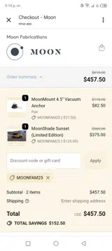 Moon Fabrications coupon verification screenshot