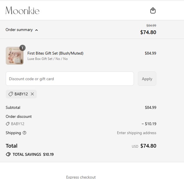 Moonkie checkout page showing Moonkie discount code box | Screenshot taken by SimplyCodes community member on Sep 4, 2025
