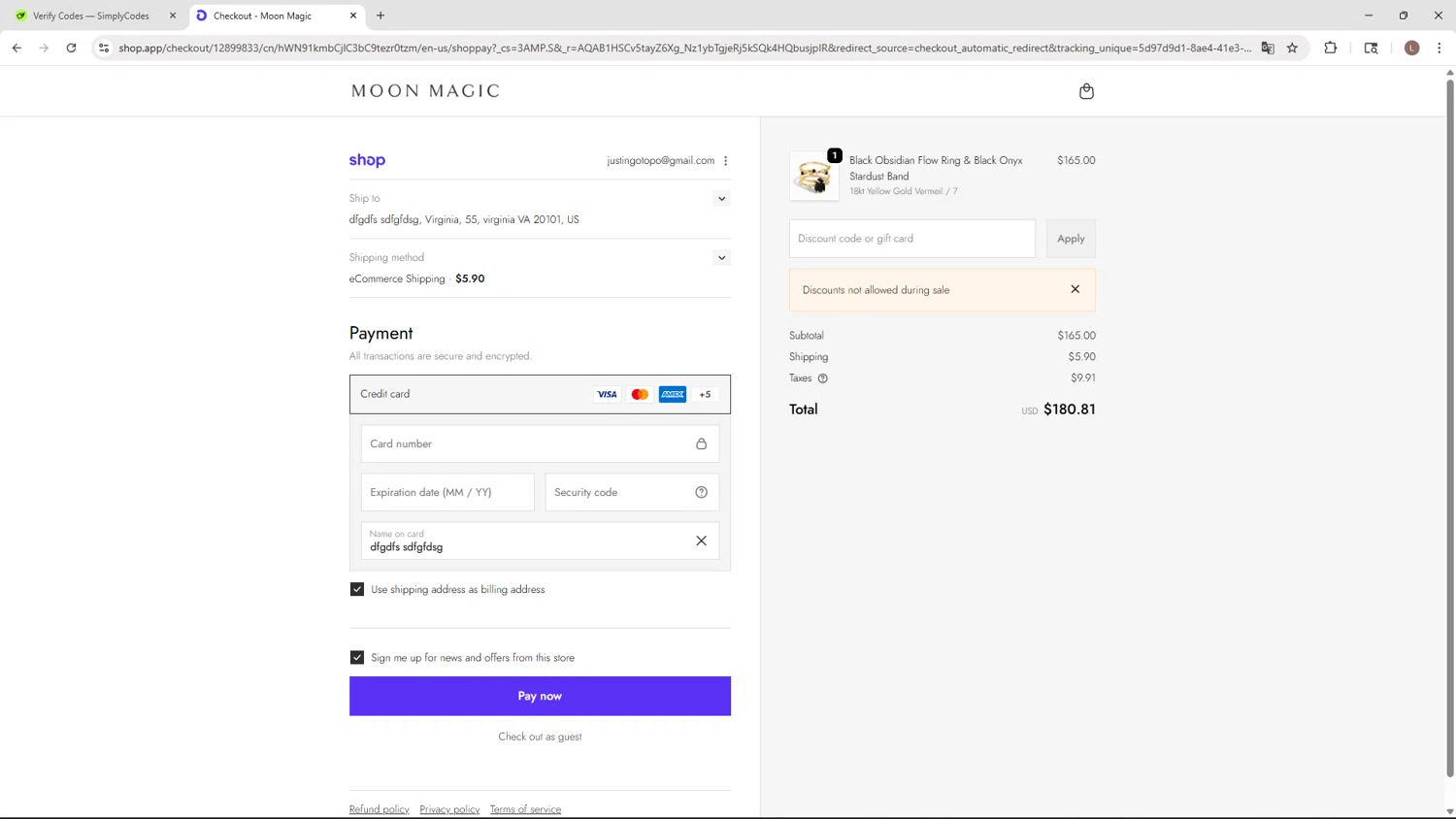 Moon Magic promo code screenshot showing code WELCOMEL7PCWBMN applied at Moon Magic checkout page. Uploaded by SimplyCodes community member BENELLI on Feb 21, 2026