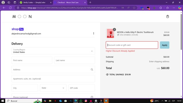 Moon Oral Care checkout page showing Moon Oral Care promo code box | Screenshot taken by SimplyCodes community member on Feb 21, 2025