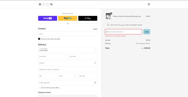 Moon Oral Care checkout page showing Moon Oral Care promo code box | Screenshot taken by SimplyCodes community member on Mar 4, 2025