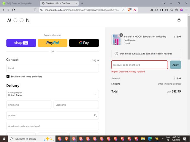 Moon Oral Care checkout page showing Moon Oral Care promo code box | Screenshot taken by SimplyCodes community member on Mar 9, 2025