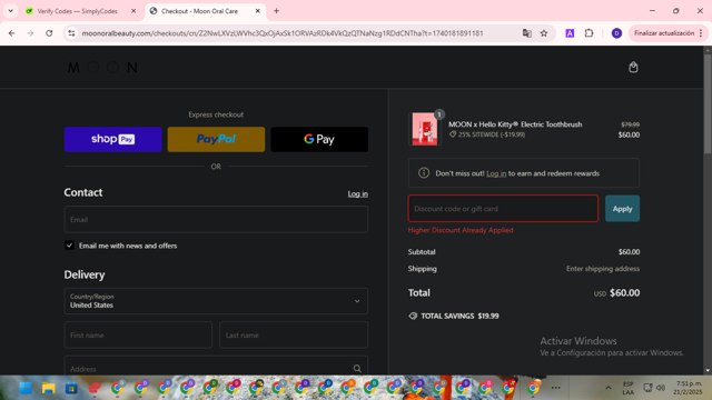 Moon Oral Care checkout page showing Moon Oral Care promo code box | Screenshot taken by SimplyCodes community member on Feb 21, 2025