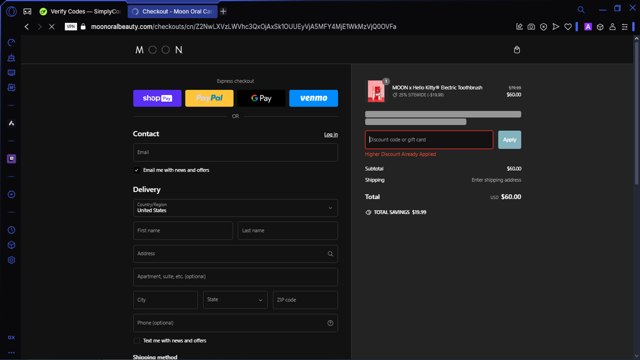Moon Oral Care checkout page showing Moon Oral Care promo code box | Screenshot taken by SimplyCodes community member on Feb 22, 2025