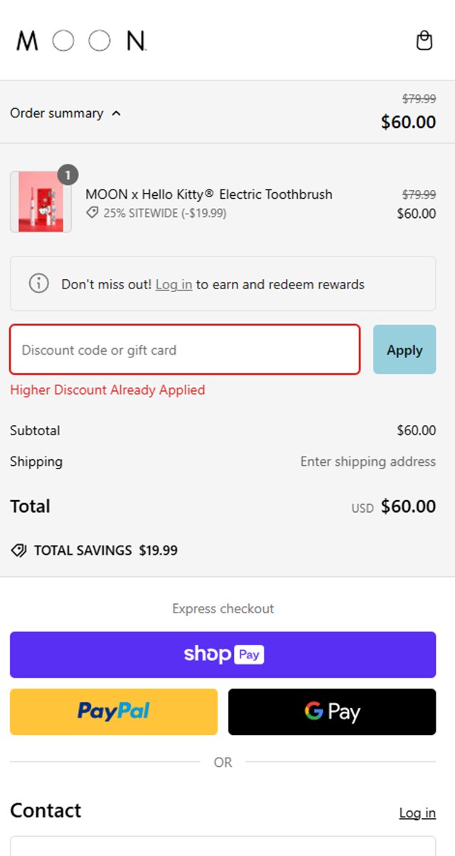 Moon Oral Care checkout page showing Moon Oral Care promo code box | Screenshot taken by SimplyCodes community member on Feb 21, 2025