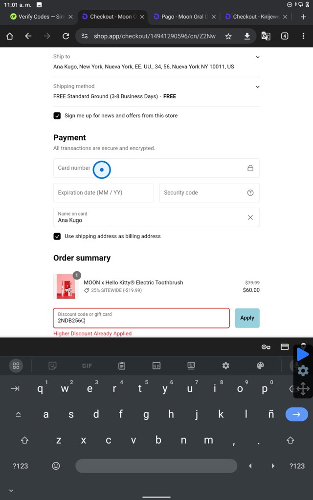 Moon Oral Care checkout page showing Moon Oral Care promo code box | Screenshot taken by SimplyCodes community member on Feb 21, 2025