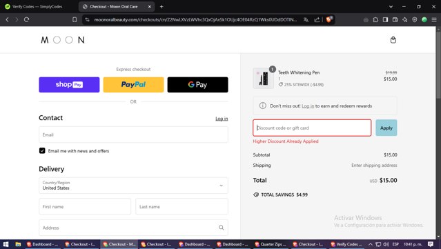 Moon Oral Care checkout page showing Moon Oral Care promo code box | Screenshot taken by SimplyCodes community member on Feb 22, 2025