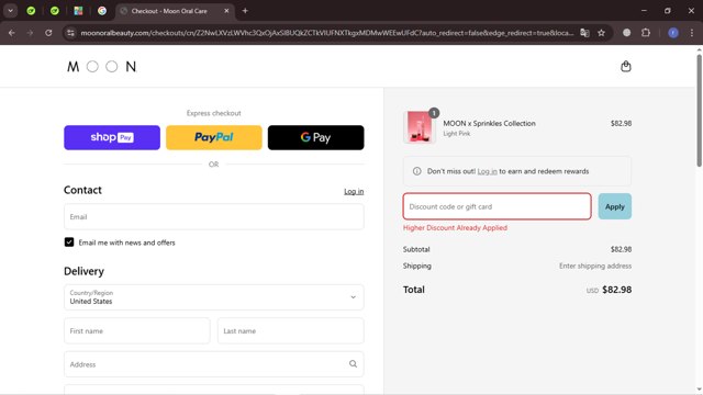 Moon Oral Care checkout page showing Moon Oral Care promo code box | Screenshot taken by SimplyCodes community member on Mar 20, 2025