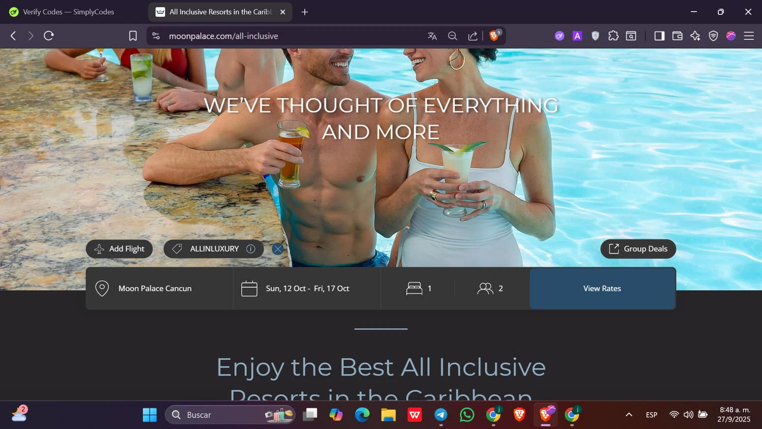 Moon Palace coupon code screenshot showing code ALLINLUXURY applied at Moon Palace checkout page. Uploaded by SimplyCodes community member Toji_fushiguro on Sep 27, 2025