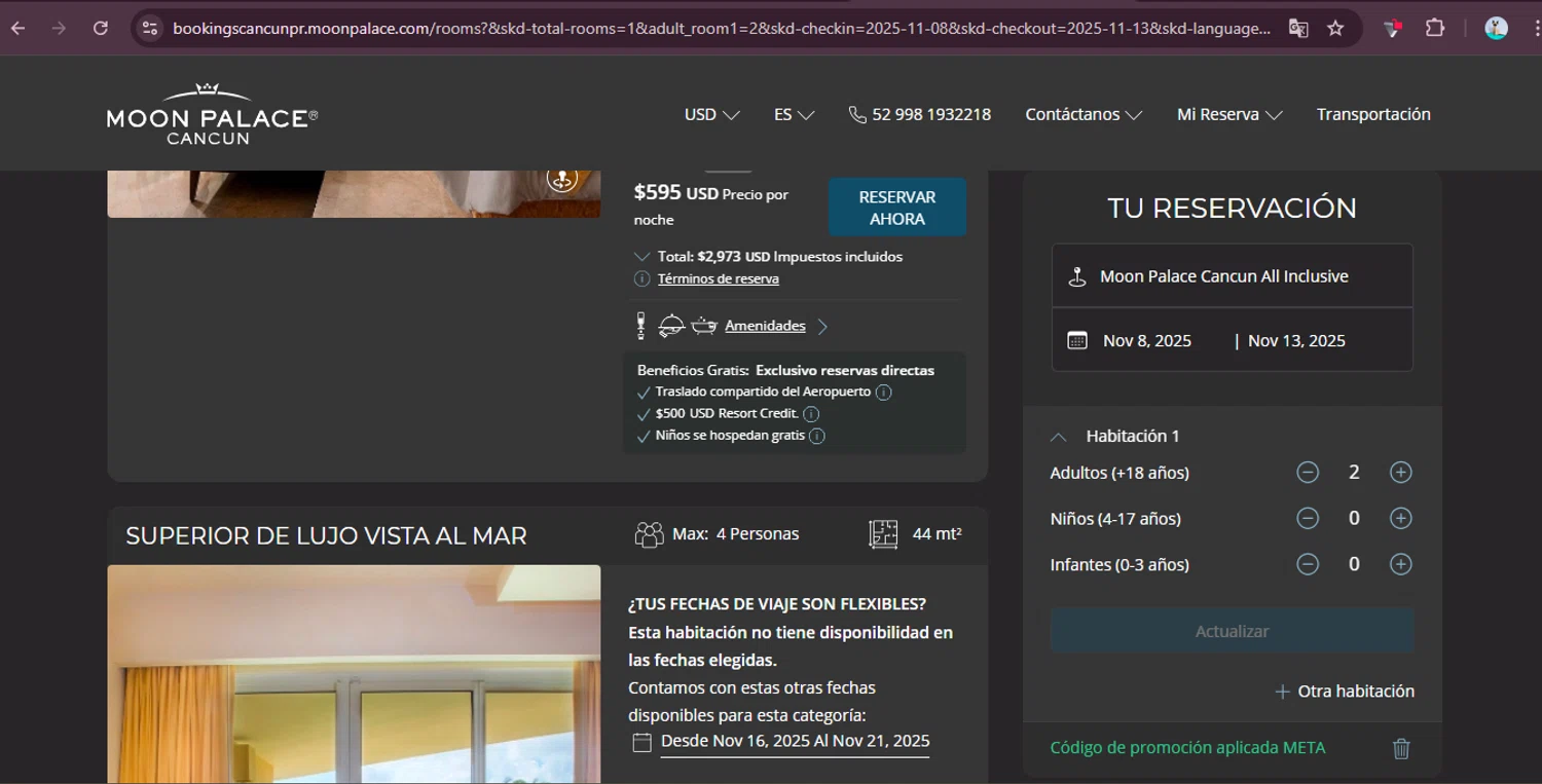 Moon Palace coupon code screenshot showing code META applied at Moon Palace checkout page. Uploaded by SimplyCodes community member elgatobravo on Oct 24, 2025