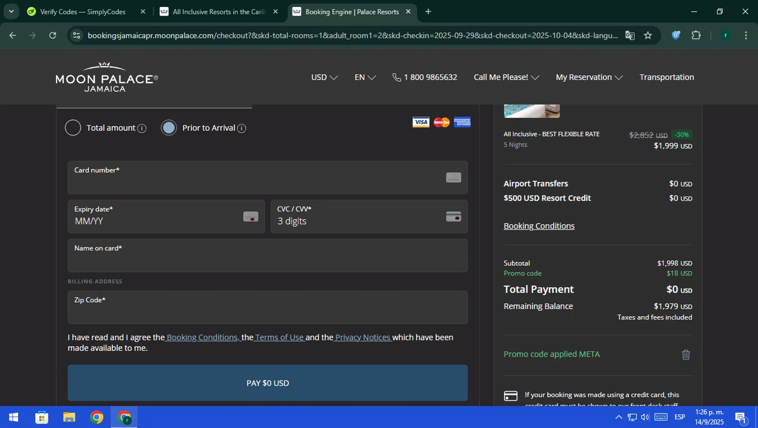 Moon Palace coupon code screenshot showing code META applied at Moon Palace checkout page. Uploaded by SimplyCodes community member rodri1 on Sep 14, 2025