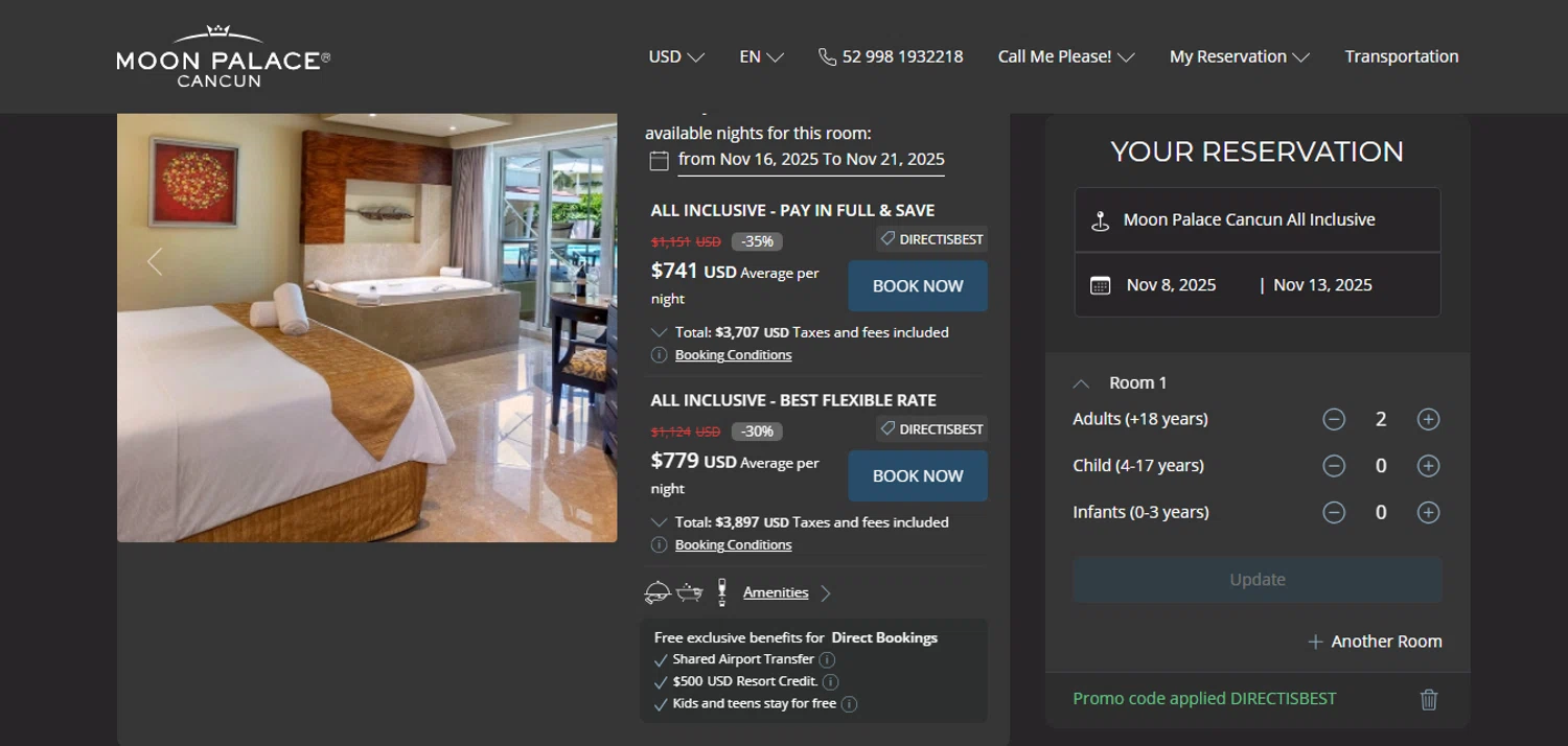 Moon Palace coupon code screenshot showing code DIRECTISBEST applied at Moon Palace checkout page. Uploaded by SimplyCodes community member MoneyHunter5624 on Oct 25, 2025