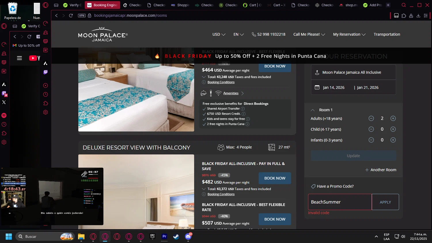 Moon Palace coupon code screenshot showing code BeachSummer applied at Moon Palace checkout page. Uploaded by SimplyCodes community member leonardocamacho2 on Nov 22, 2025
