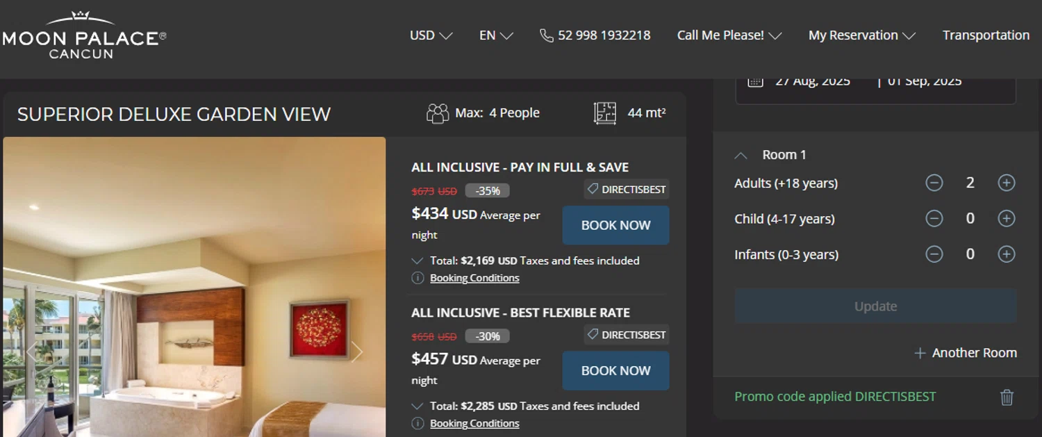 Moon Palace coupon code screenshot showing code DIRECTISBEST applied at Moon Palace checkout page. Uploaded by SimplyCodes community member rassoulfstorres on Aug 4, 2025