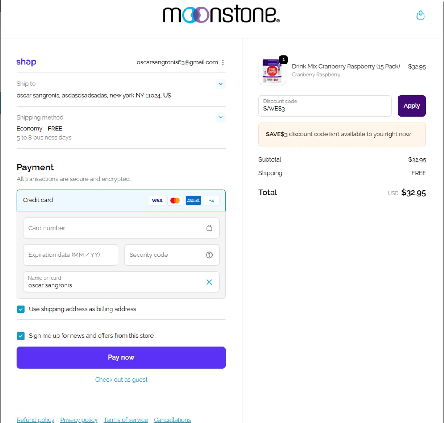 Moonstone promo code screenshot showing code SAVE$3 applied at Moonstone checkout page. Uploaded by SimplyCodes community member Frionel_Pessi on Sep 23, 2025
