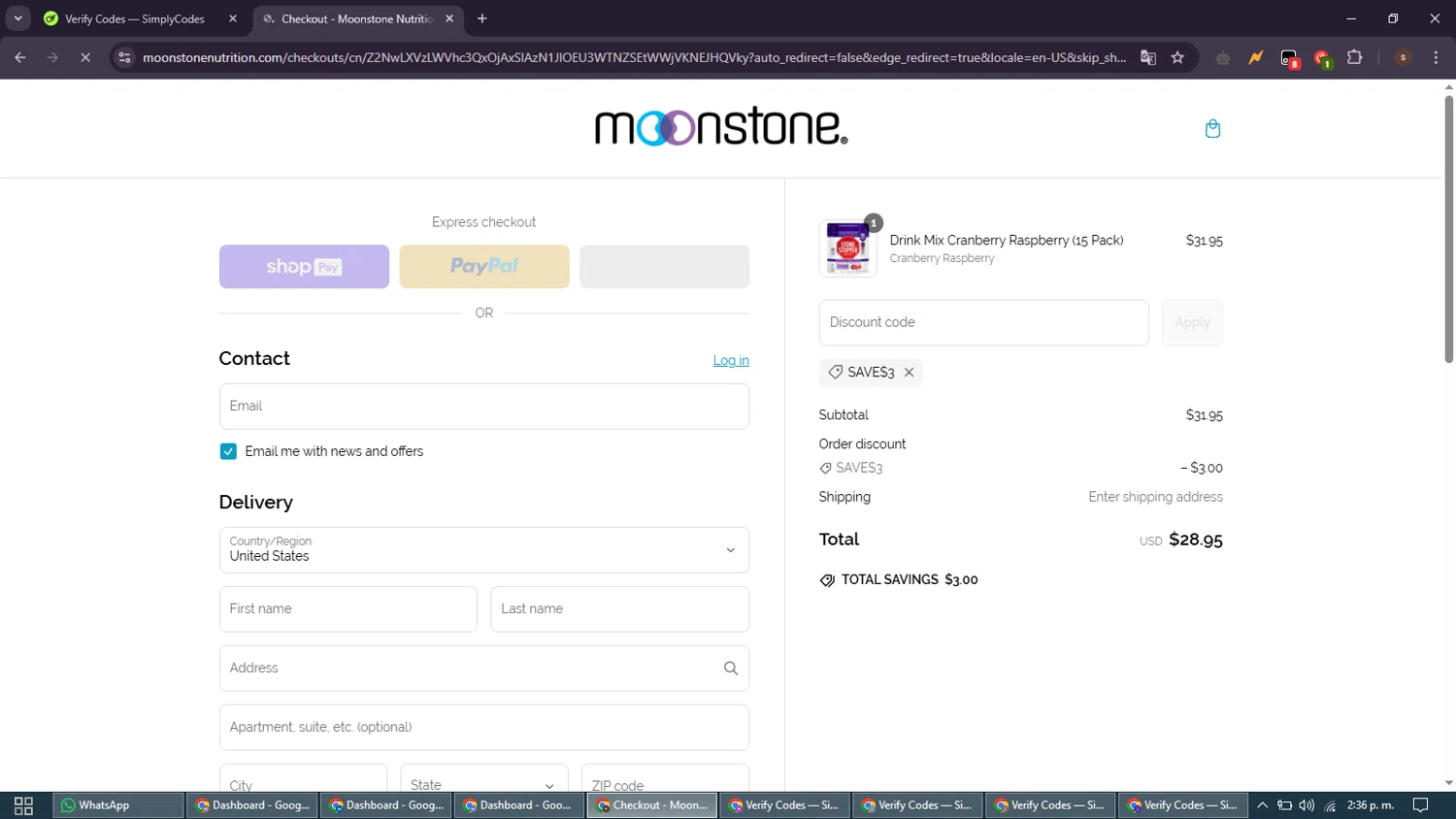 Moonstone promo code screenshot showing code SAVE$3 applied at Moonstone checkout page. Uploaded by SimplyCodes community member GoldSentinel1426 on Mar 11, 2025
