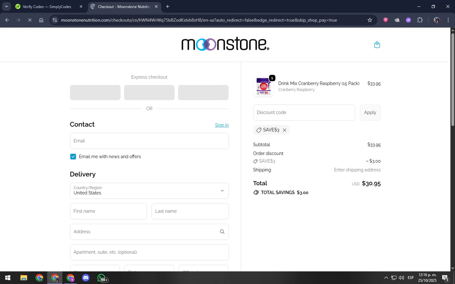Moonstone promo code screenshot showing code SAVE$3 applied at Moonstone checkout page. Uploaded by SimplyCodes community member akamiguel on Oct 25, 2025