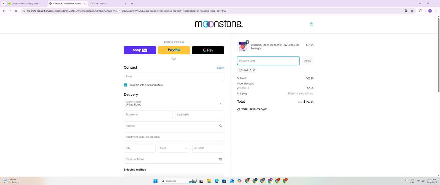 Moonstone promo code screenshot showing code SAVE10 applied at Moonstone checkout page. Uploaded by SimplyCodes community member BrilliantSentinel3167 on Apr 24, 2025