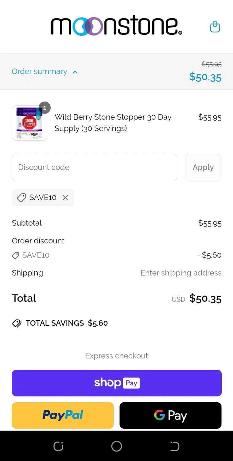 Moonstone promo code screenshot showing code SAVE10 applied at Moonstone checkout page. Uploaded by SimplyCodes community member enmanuelsanchez1 on Apr 24, 2025