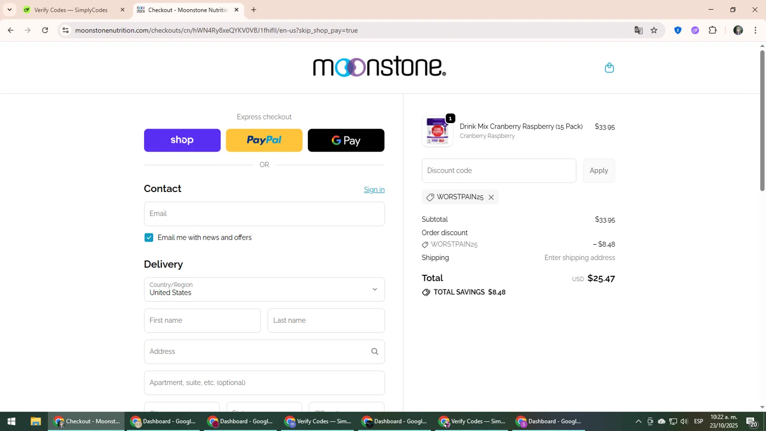 Moonstone promo code screenshot showing code WORSTPAIN25 applied at Moonstone checkout page. Uploaded by SimplyCodes community member CleverLynx6871 on Oct 23, 2025