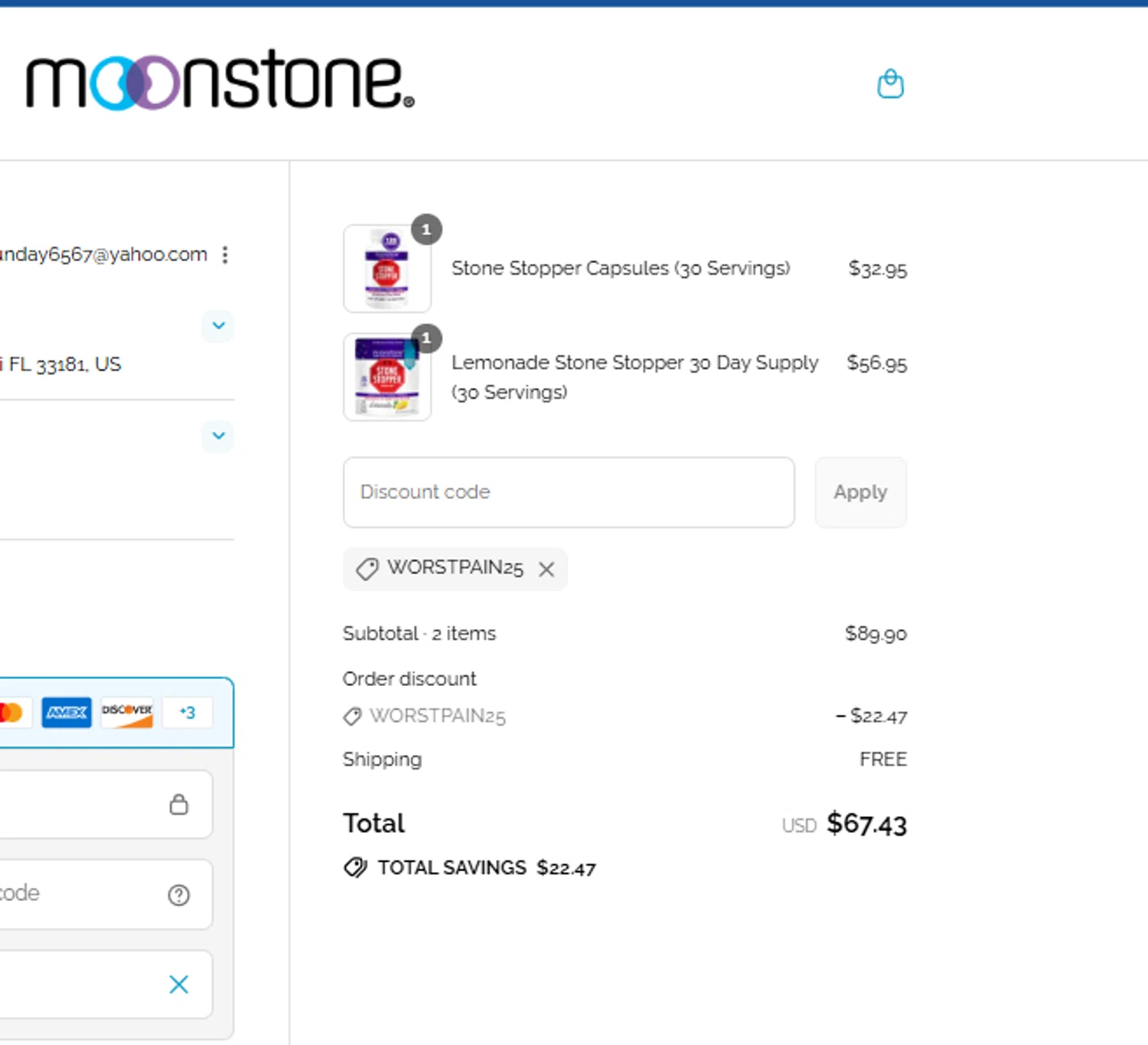 Moonstone promo code screenshot showing code WORSTPAIN25 applied at Moonstone checkout page. Uploaded by SimplyCodes community member FrugalVirtuoso6318 on Jul 22, 2025