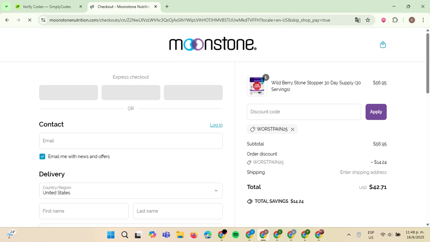 Moonstone promo code screenshot showing code WORSTPAIN25 applied at Moonstone checkout page. Uploaded by SimplyCodes community member NobleExpert6497 on Jun 17, 2025